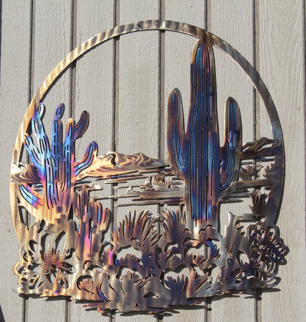 Desert Saguaro Cactus in Circle Metal Wall Art Heat Treated Craft Show