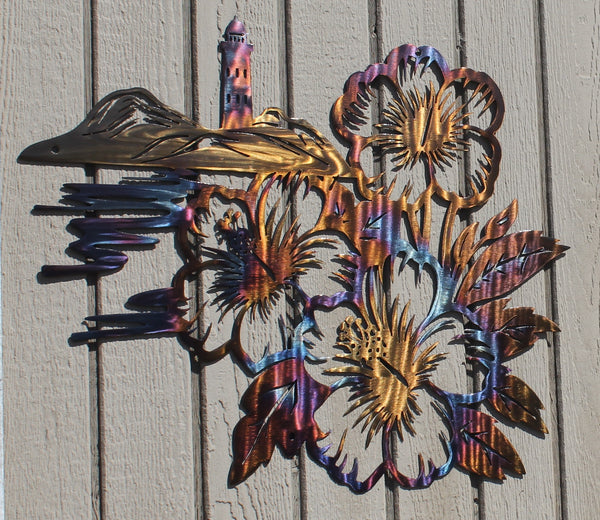 Light House and Hibiscus Metal Wall Art- Heat Treated