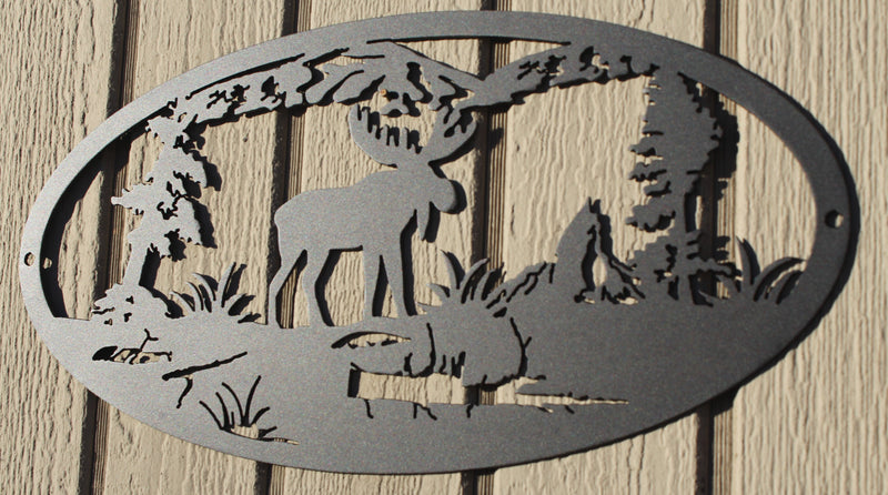 Moose and Mountains Oval Scene Metal Wall Art