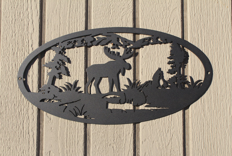 Moose and Mountains Oval Scene Metal Wall Art