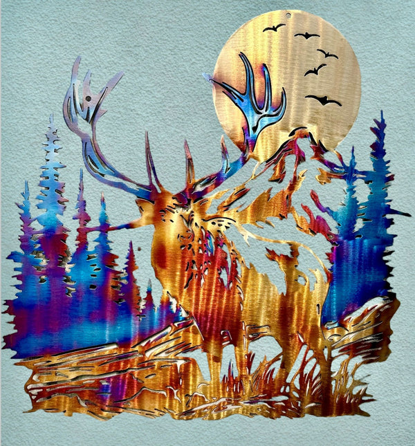 Elk Forest Scene Metal Wall Art Heat Treated