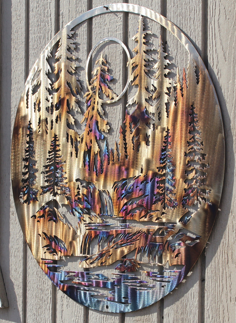 Forest and Stream with Sun Metal Wall Art Heat Treated