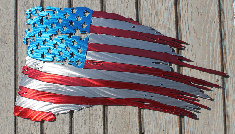 Tattered American Flag Metal Wall Art Red, White, and Blue