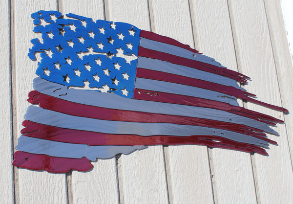 Tattered American Flag Metal Wall Art Red, White, and Blue
