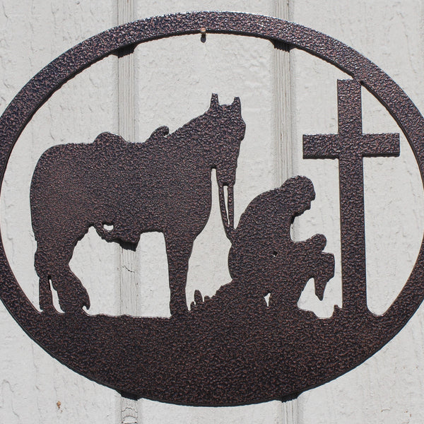 Rustic Metal Art Horseshoe Cross- Praying Cowboy (ma2) - Mission Del Rey  Southwest