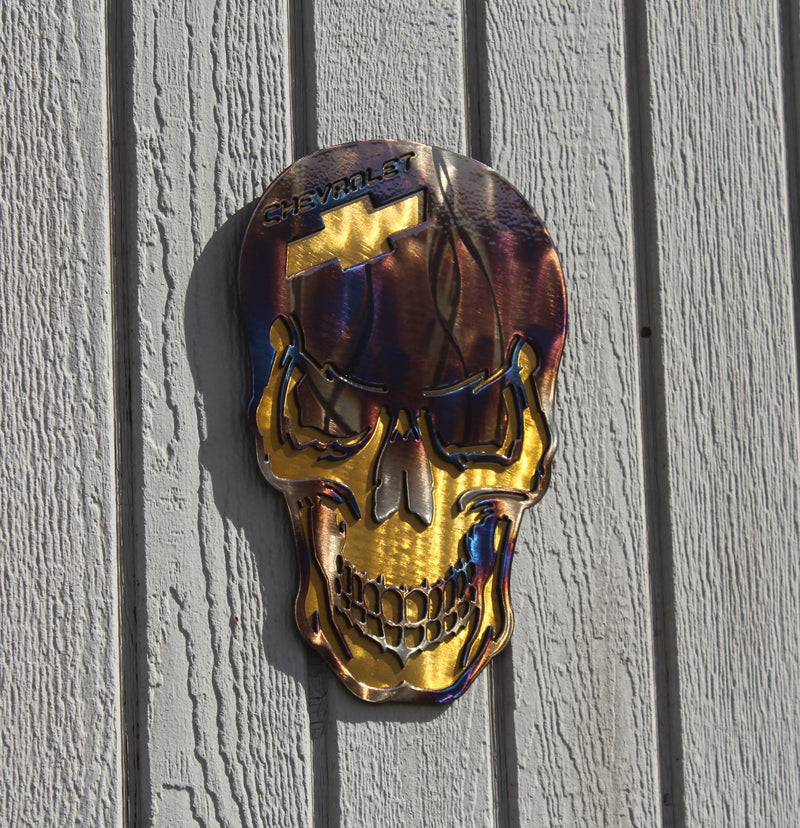 Skull with Chevy Logo Metal Wall Art