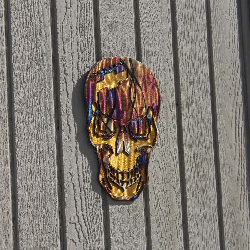 Skull with Chevy Logo Metal Wall Art