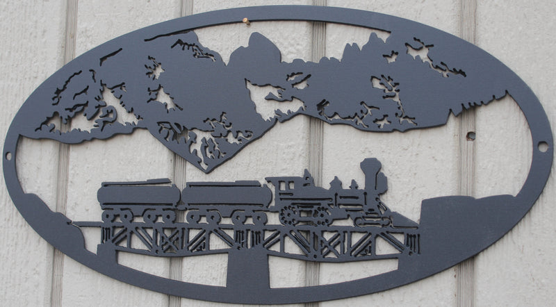 Train on a Bridge Oval Scene Metal Wall Art