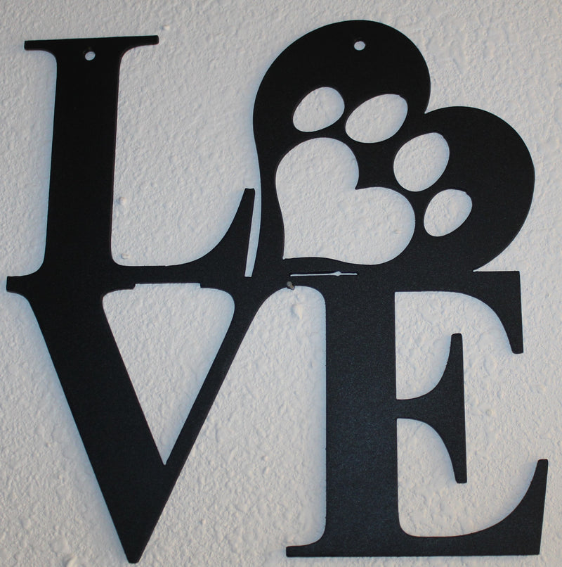 Love with Paw Print in Heart Metal Wall Art Flat Black Finish