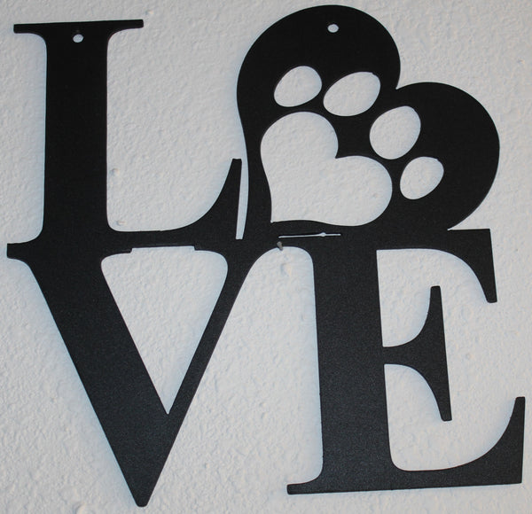 Love with Paw Print in Heart Metal Wall Art Flat Black Finish