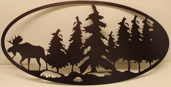 Moose and Forest Oval Scene Metal Wall Art