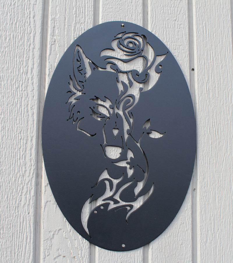 Wolf and Rose Face Oval Scene Metal Art